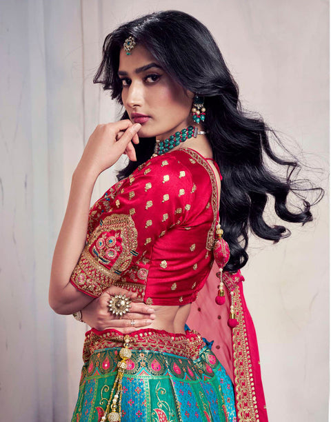 Green Art Silk Banarasi Stone Work Wedding Wear Lehenga Choli