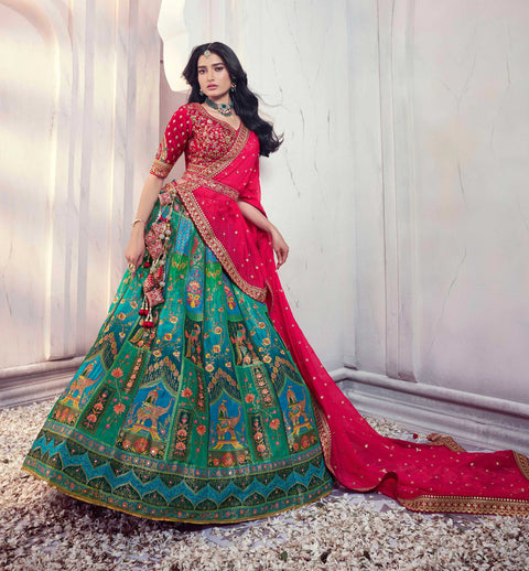 Green Art Silk Banarasi Stone Work Wedding Wear Lehenga Choli