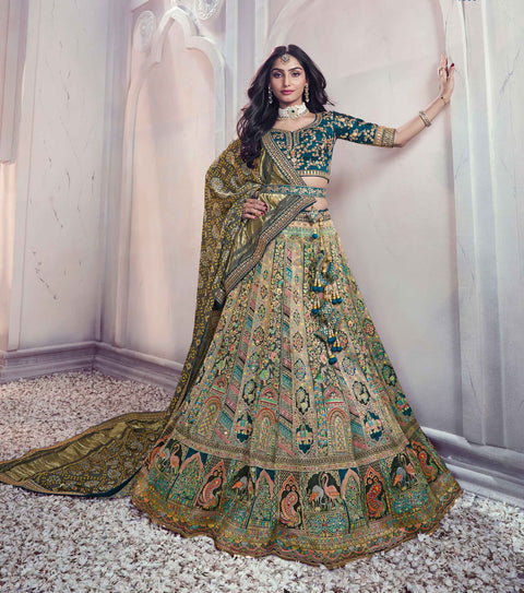 Green Art Silk Banarasi Stone Work Wedding Wear Lehenga Choli