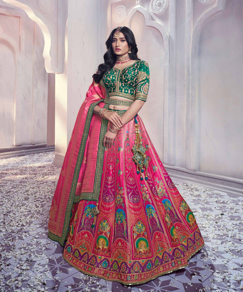 Pink And Green Art Silk Banarasi Stone Work Wedding Wear Lehenga Choli