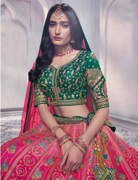 Pink And Green Art Silk Banarasi Stone Work Wedding Wear Lehenga Choli