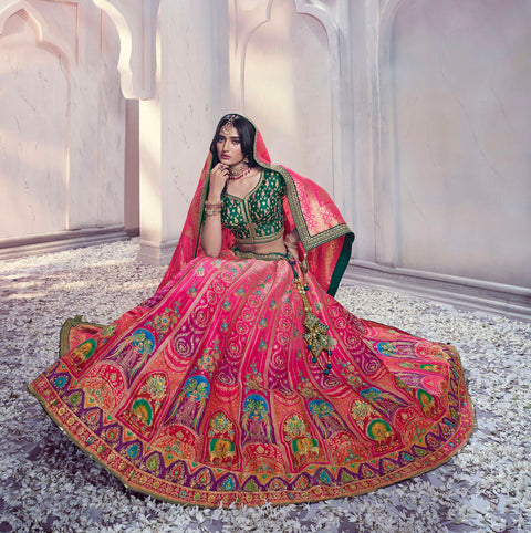 Pink And Green Art Silk Banarasi Stone Work Wedding Wear Lehenga Choli