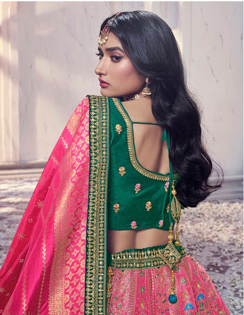 Pink And Green Art Silk Banarasi Stone Work Wedding Wear Lehenga Choli