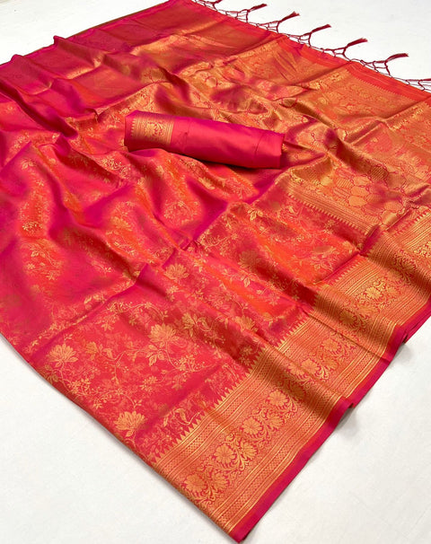 Bride Peach Woven Banarasi Brocade Silk Saree