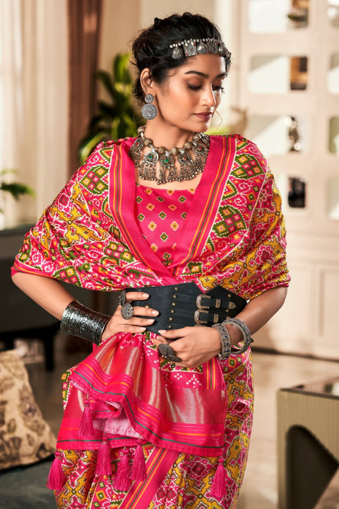Peach And Yellow Printed Patola Silk Saree
