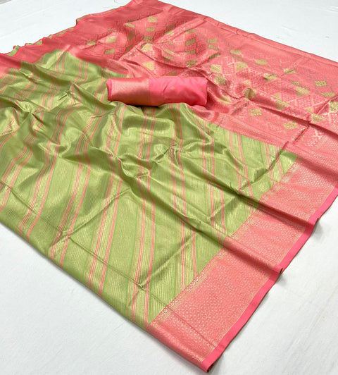 Green And Peach Woven Soft Silk Kalamkari Saree