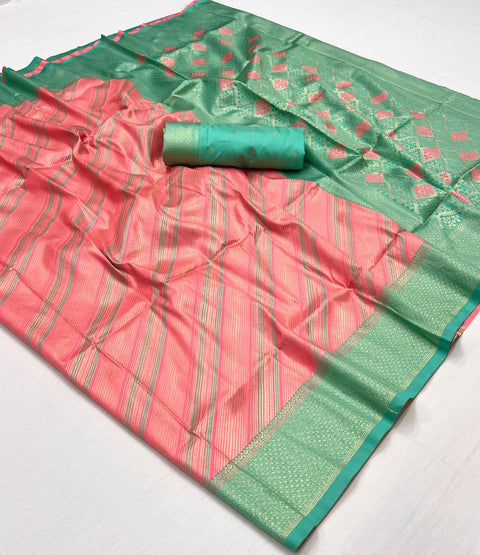 Peach Woven Soft Silk Kalamkari Saree