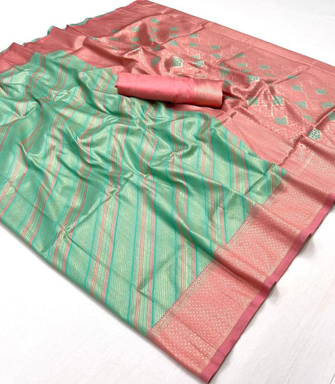 Sea Green & Peach Woven Soft Silk Kalamkari Saree
