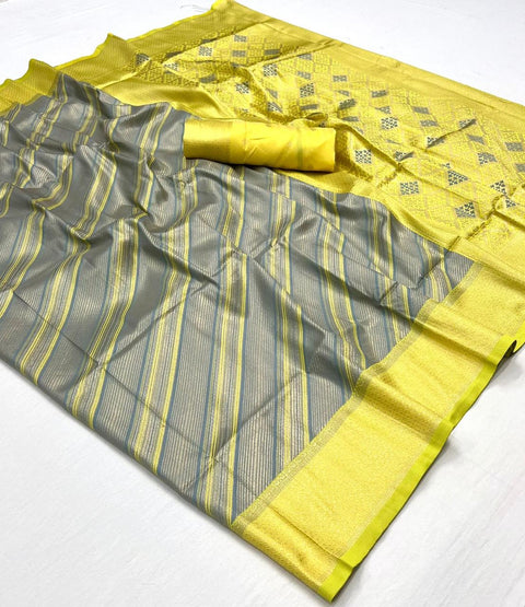 Yellow And Grey Woven Soft Silk Kalamkari Saree
