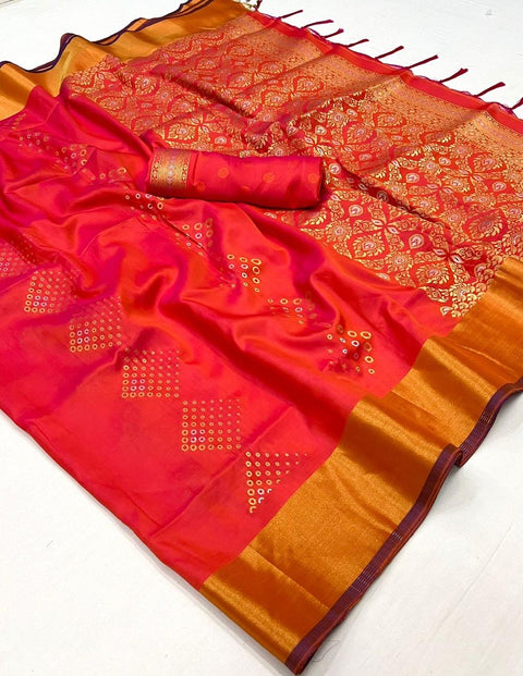 Vibrant Peach Woven Banarasi Soft Silk Saree
