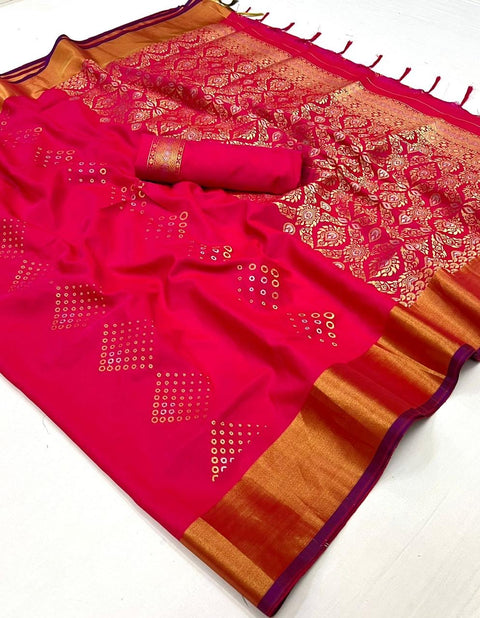 Raspberry Pink Woven Banarasi Soft Silk Saree