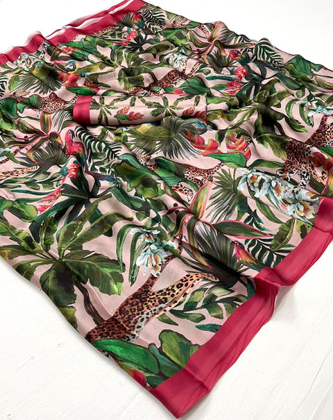 Green Satin Georgette Printed Silk Saree
