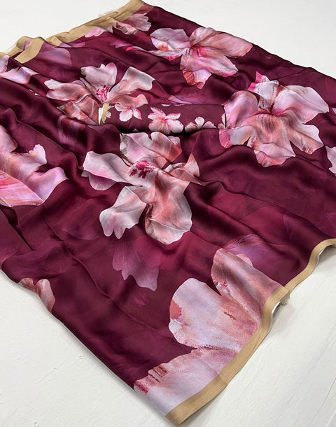 Wine Satin Georgette Printed Silk Saree