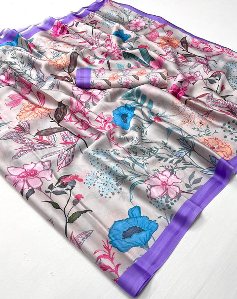 White Satin Georgette Printed Silk Saree