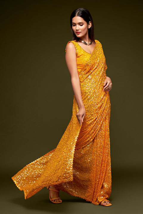 Yellow Sequins Embroidered Georgette Saree