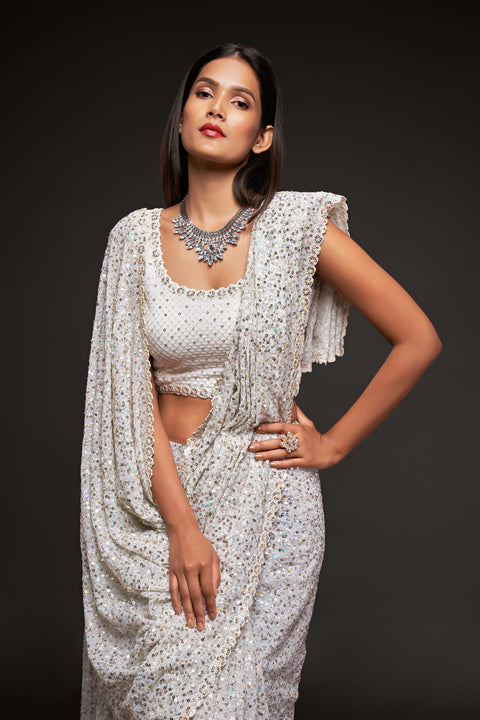 White Sequins Embroidered Georgette Saree
