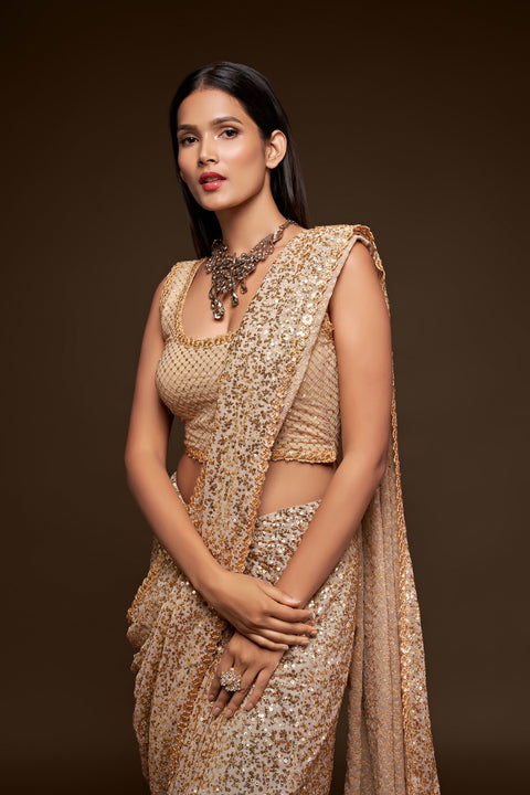 Gold Sequins Embroidered Georgette Saree