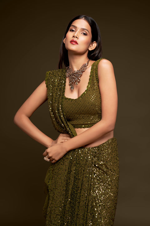 Olive Green Sequins Embroidered Georgette Saree