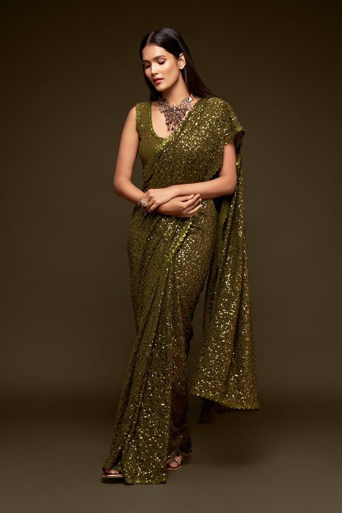 Olive Green Sequins Embroidered Georgette Saree