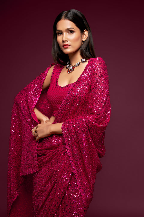 Magenta Sequins Embroidered Georgette Saree