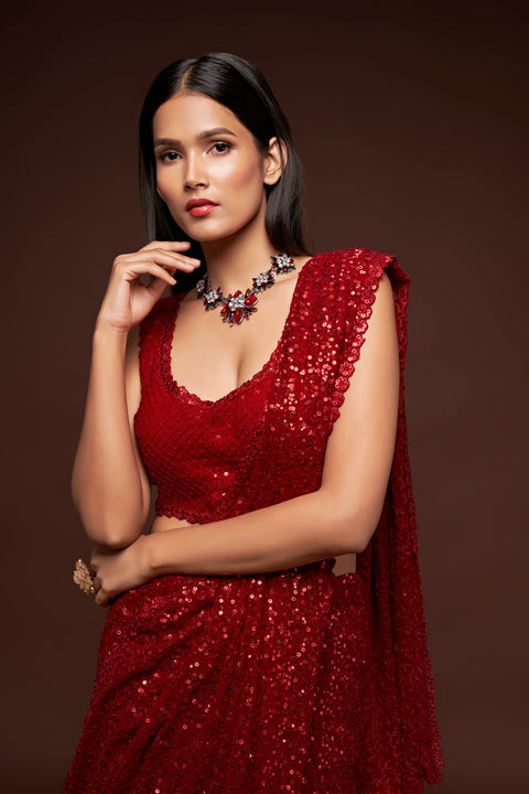 Red Sequins Embroidered Georgette Saree