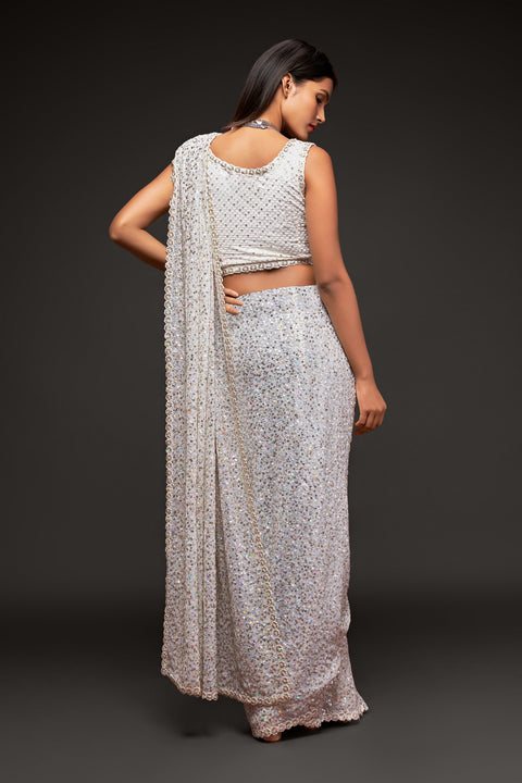 White Sequins Embroidered Georgette Saree