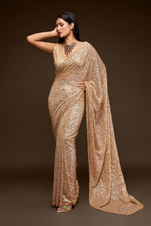 Gold Sequins Embroidered Georgette Saree