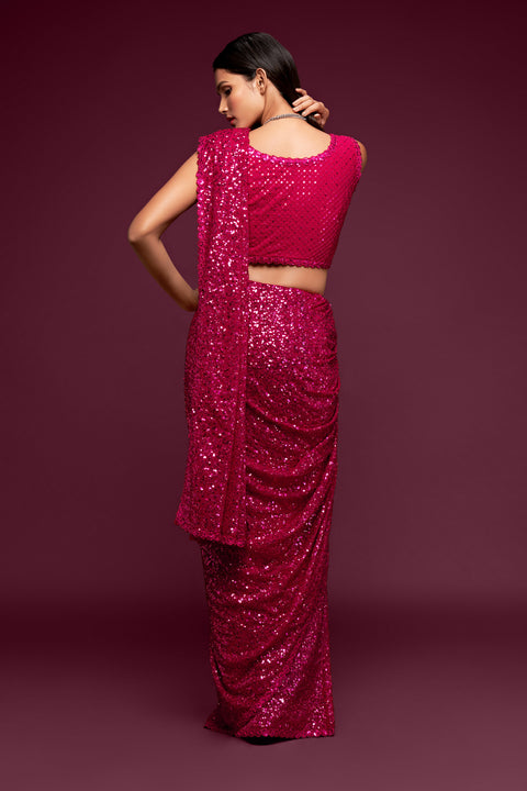 Magenta Sequins Embroidered Georgette Saree