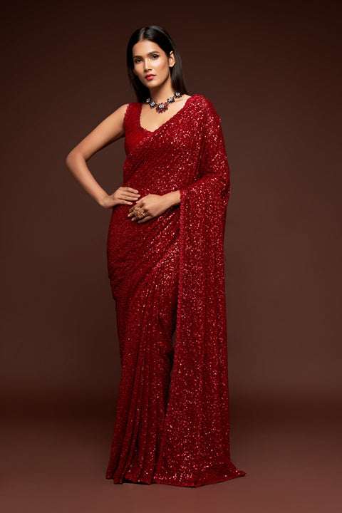 Red Sequins Embroidered Georgette Saree