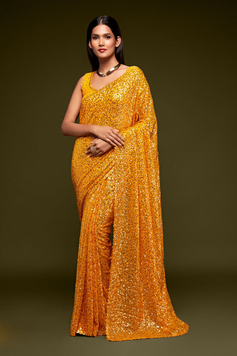 Yellow Sequins Embroidered Georgette Saree