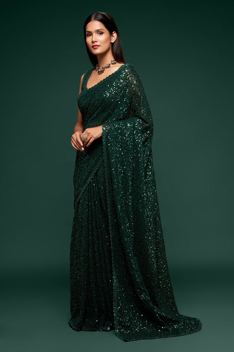 Green Sequins Embroidered Georgette Saree