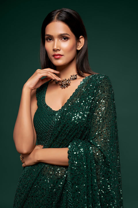 Green Sequins Embroidered Georgette Saree