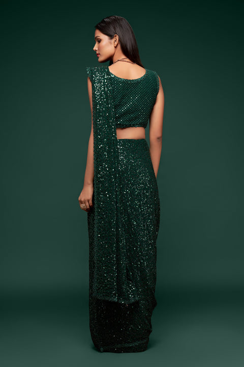 Green Sequins Embroidered Georgette Saree