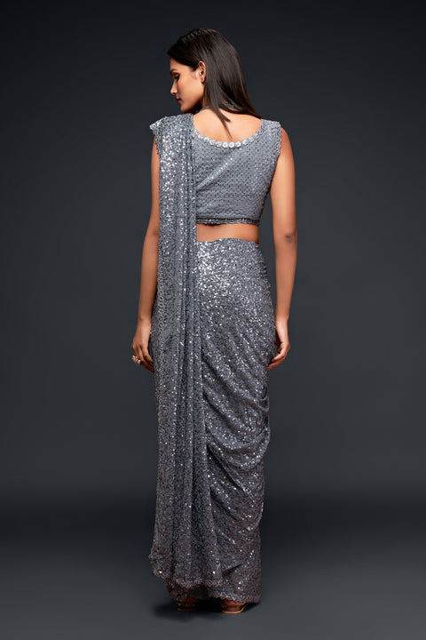 Grey Sequins Embroidered Georgette Saree