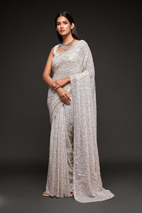 White Sequins Embroidered Georgette Saree