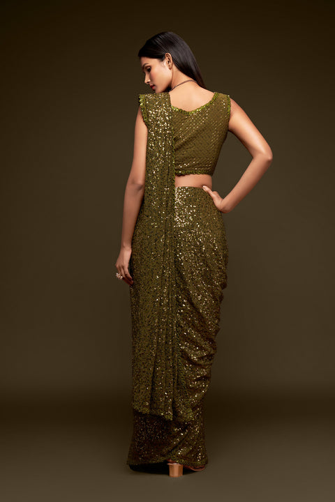 Olive Green Sequins Embroidered Georgette Saree