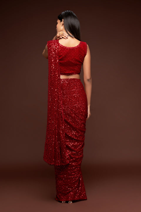 Red Sequins Embroidered Georgette Saree