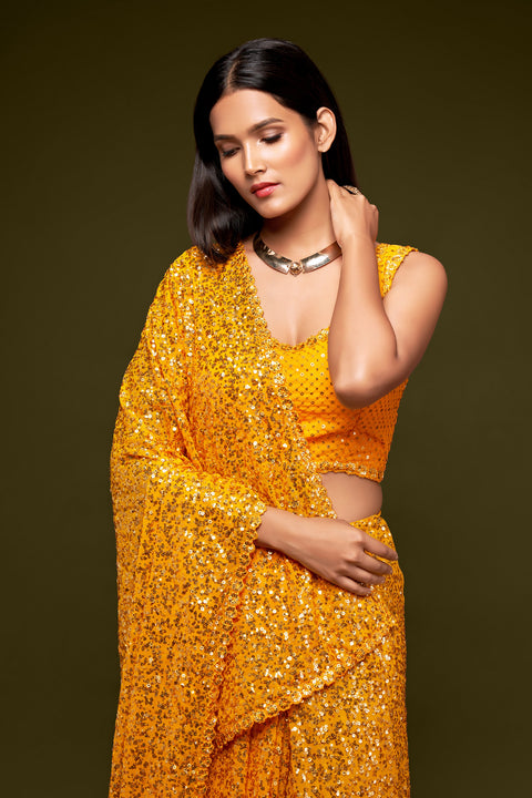 Yellow Sequins Embroidered Georgette Saree