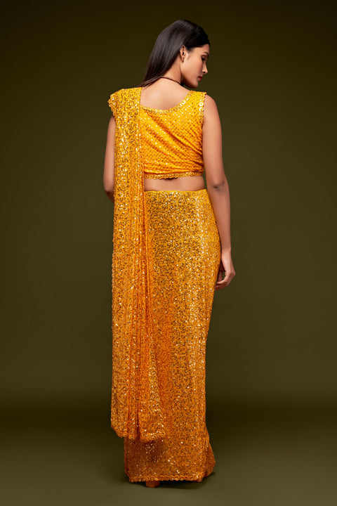 Yellow Sequins Embroidered Georgette Saree