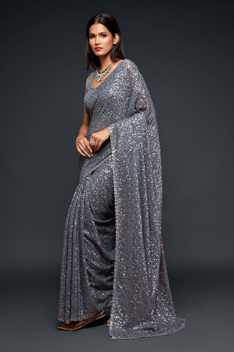 Grey Sequins Embroidered Georgette Saree