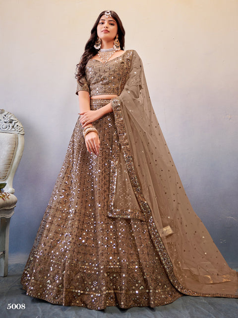 Light Brown Festive Wear Sequins Work Net Lehenga Choli