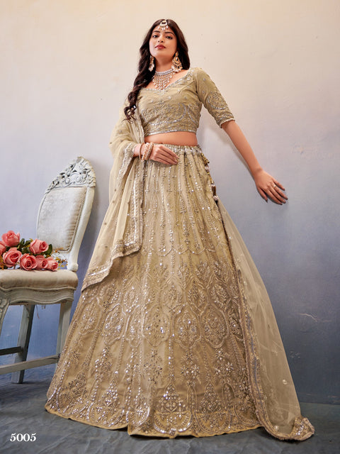 Drak Cream Festive Wear Sequins Work Net Lehenga Choli