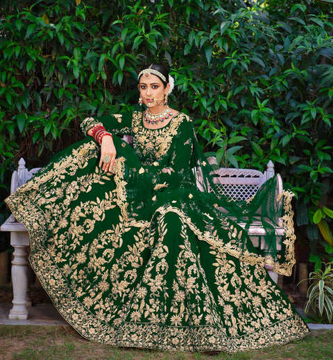Green Wedding Wear Floral Embroidered With Stonework Velvet Lehenga Choli