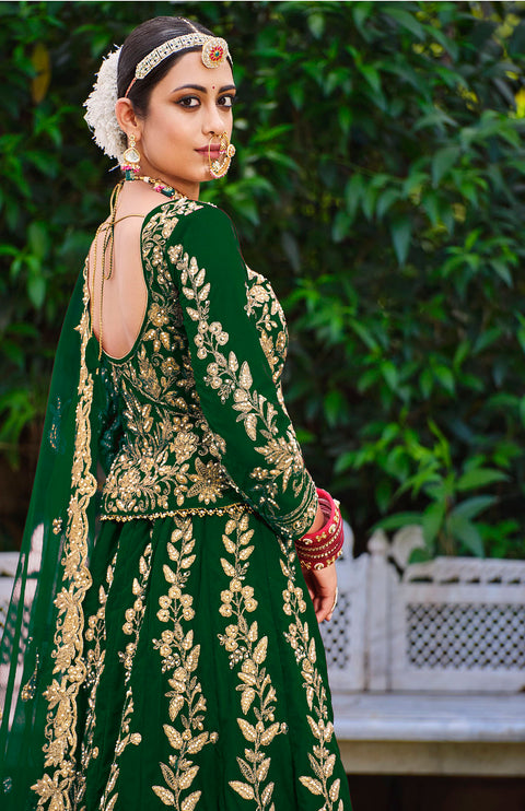 Green Wedding Wear Floral Embroidered With Stonework Velvet Lehenga Choli