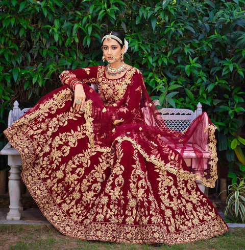 Marron Wedding Wear Floral Embroidered With Stonework Velvet Lehenga Choli