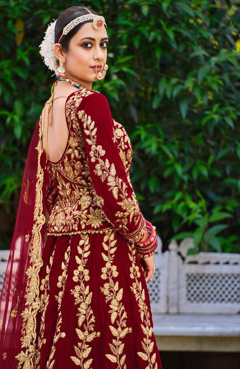 Marron Wedding Wear Floral Embroidered With Stonework Velvet Lehenga Choli