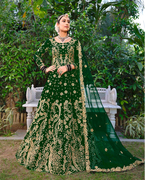 Green Embellished With Embroidered Velvet Partywear Lehenga Choli