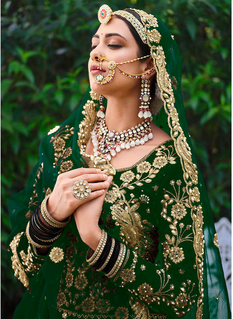 Green Embellished With Embroidered Velvet Partywear Lehenga Choli