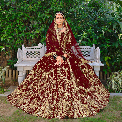 Marron Embellished With Embroidered Velvet Partywear Lehenga Choli