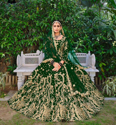 Green Embellished With Embroidered Velvet Partywear Lehenga Choli